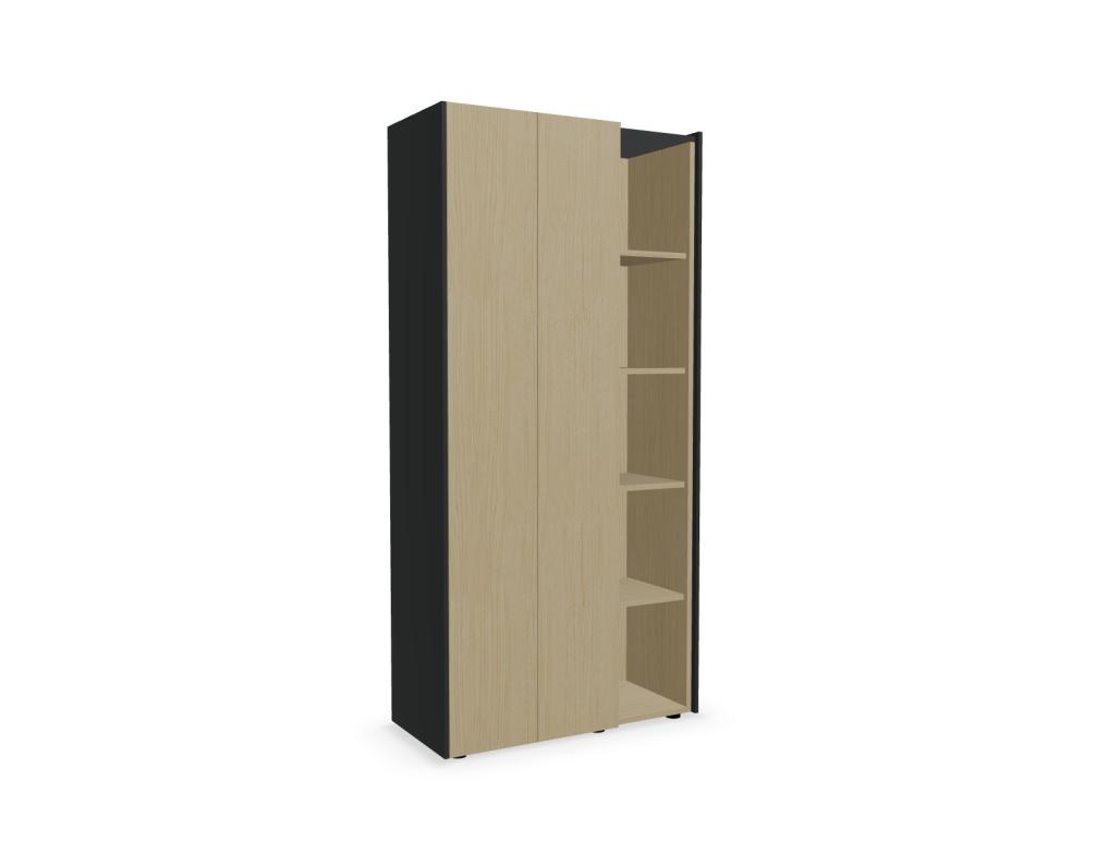 Schwarzer Kleiderschrank Viga mit geschlossenem Fach, ausziehbarem Kleiderbügel und offenen Regalfächern, Front in dunkler Walnuss, Hersteller Mdd.