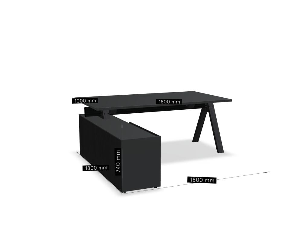 Viga V03L Chefschreibtisch von Mdd mit Holzplatte, schwarzem Gestell und integriertem Sideboard im modernen Büro