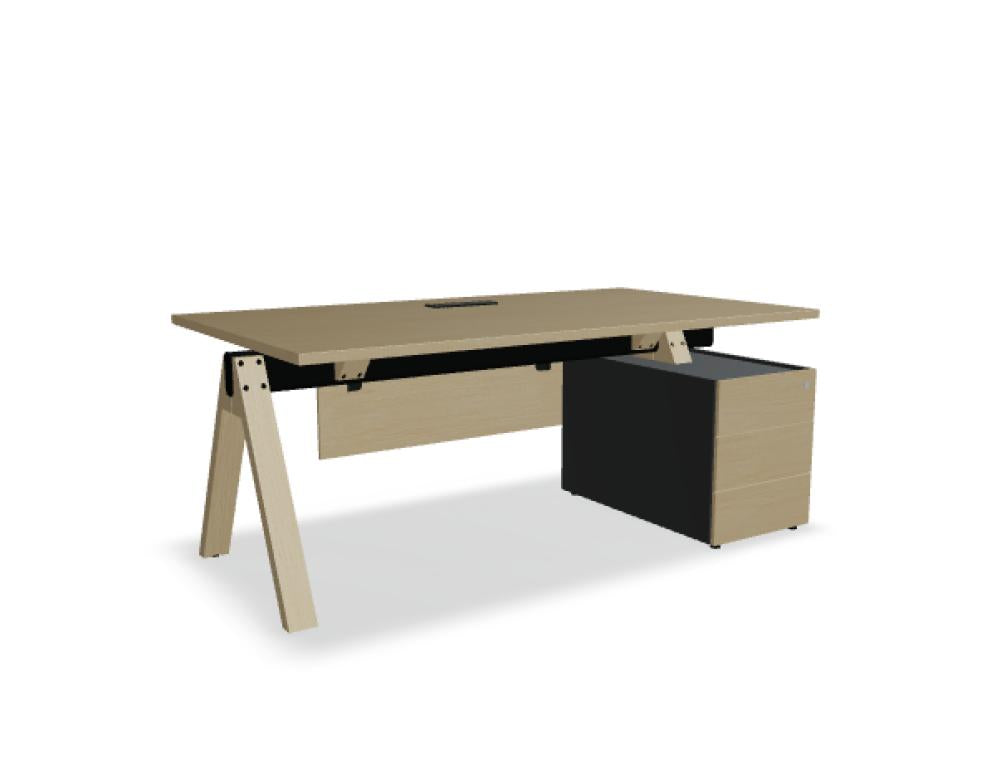 Chefschreibtisch Viga V07P mit integriertem Aufbewahrungscontainer, modernes Bürodesign, Holzoptik, Arbeitsplatz mit Stauraum