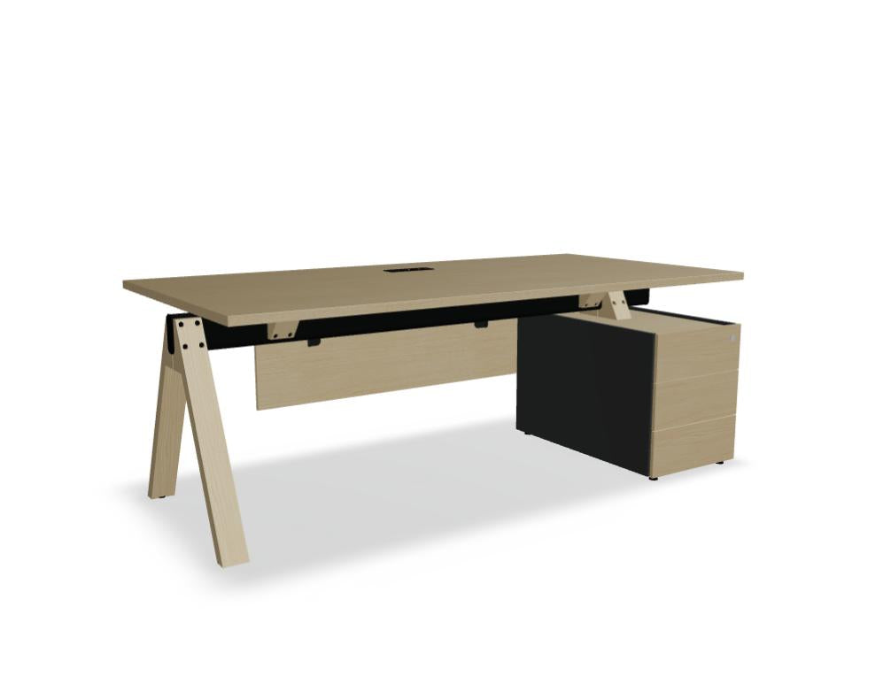 Bild zeigt den Viga V08P Chefschreibtisch mit integriertem Container in heller Holzoptik,现代es Design, praktische Ablageflächen, geeignet für Home-Office und Bürosinfrastruktur.