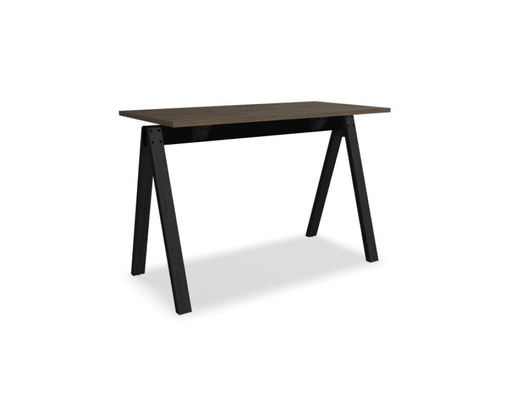 Hochtisch Viga von Mdd in Dunkler Walnuss mit schwarzem Aluminiumgestell und Eichenfuss, Masse 160x80x110 cm, Gesamtansicht des Tisches.