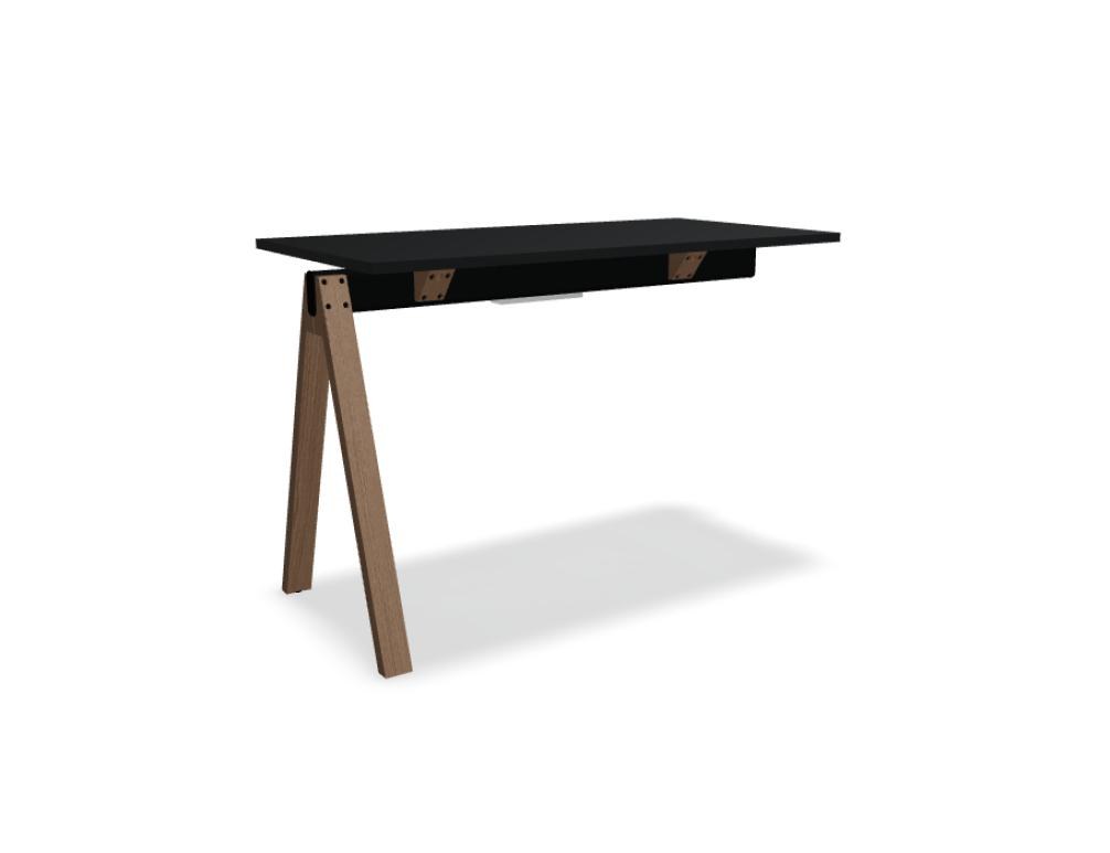 Hochtisch Viga von Mdd in Dunkler Walnuss mit schwarzem Aluminiumgestell und Eichenfuss, Masse 160x80x110 cm, Gesamtansicht des Tisches.
