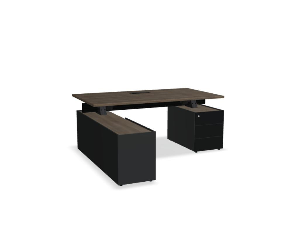 Chefschreibtisch Viga in Dunkler Walnuss mit Aluminiumgestell, Managerschrank und Rollcontainer aus Holzfurnier, Ansicht von vorne.
