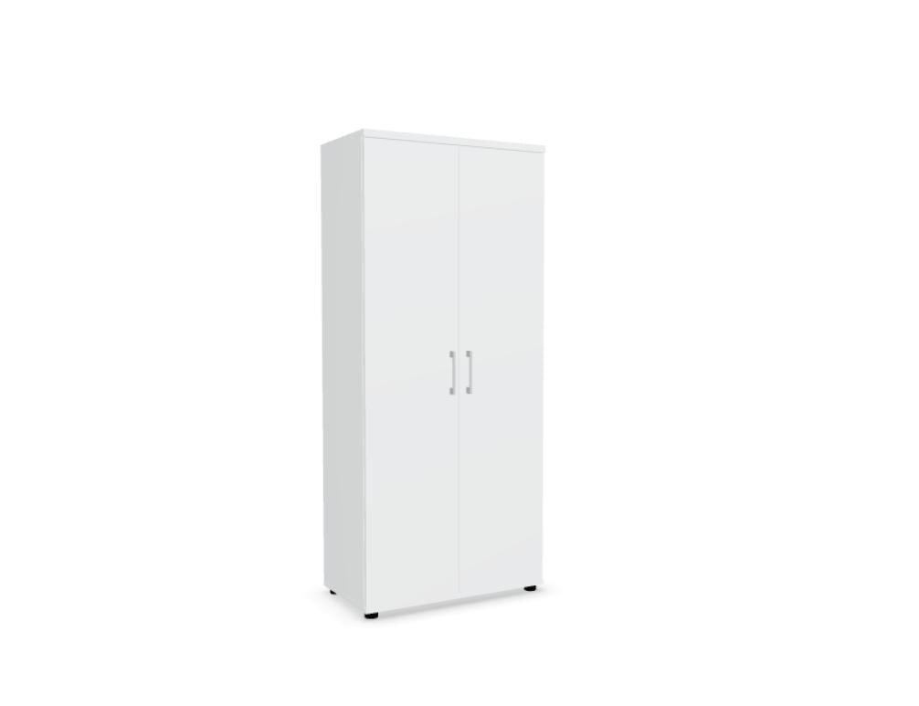 Kleiderschrank mit Front in Eiche Natur und Korpus in Weiss Pastell, Melaminplatte mit ABS-Umleimer, Aluminiumgriffe, rechteckige Form.