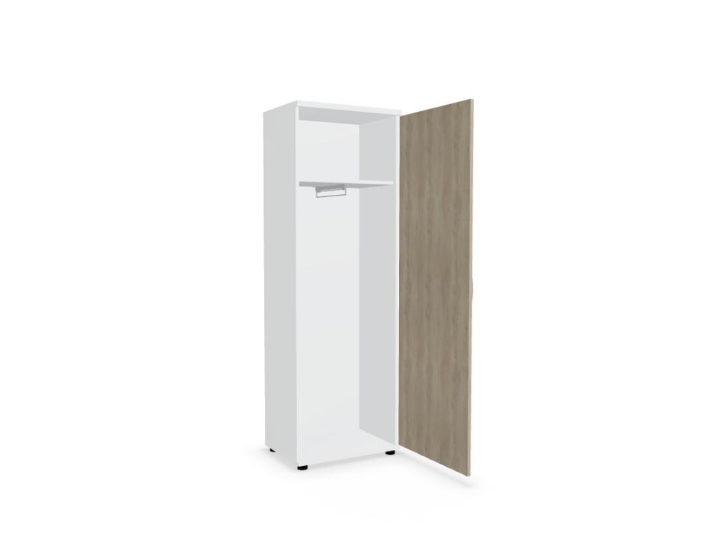Kleiderschrank mit Front in Eiche Natur und Korpus in Weiss Pastell, Melaminplatte mit ABS-Umleimer, Aluminiumgriffe, rechteckige Form.