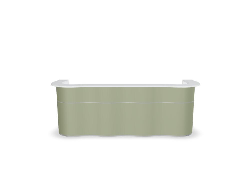 Empfangstheke Wave von Mdd in Weiss Pastell mit organischer HPL-Front, Aluminiumstreifen und modularer Wellenform-Konstruktion.