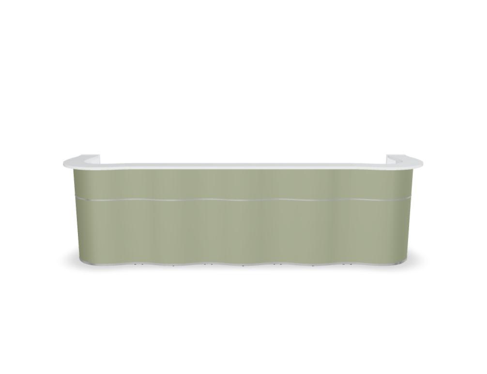 Empfangstheke Wave von Mdd in Weiss Pastell mit organischer HPL-Front, Aluminiumstreifen und modularer Wellenform-Konstruktion.