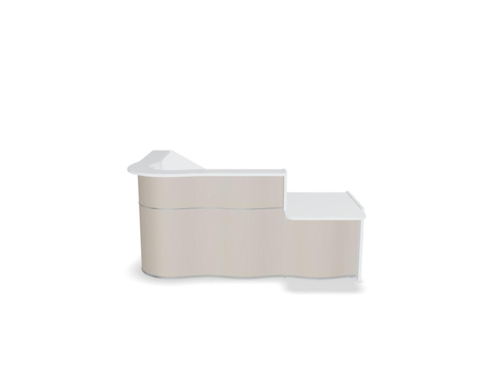Empfangstheke Wave von Mdd in Weiss Pastell mit organischer HPL-Front, Aluminiumstreifen und modularer Wellenform-Konstruktion.