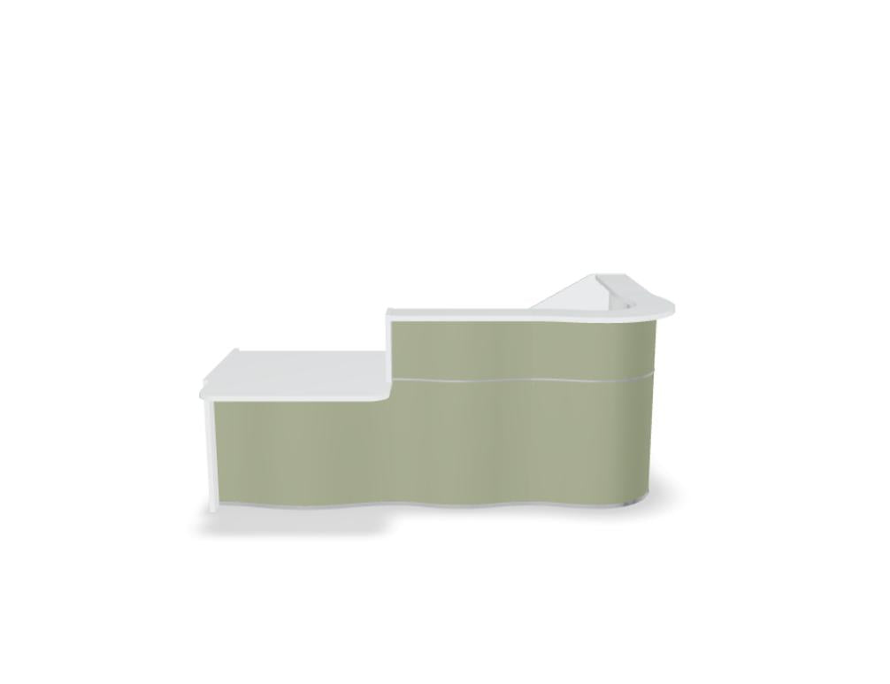 Empfangstheke Wave LUV38P mit organischer Front, elegantes Meeting-Design in hellem Holzton und sanften Kurven, idealer Desk-Standort für moderne Empfangsräume