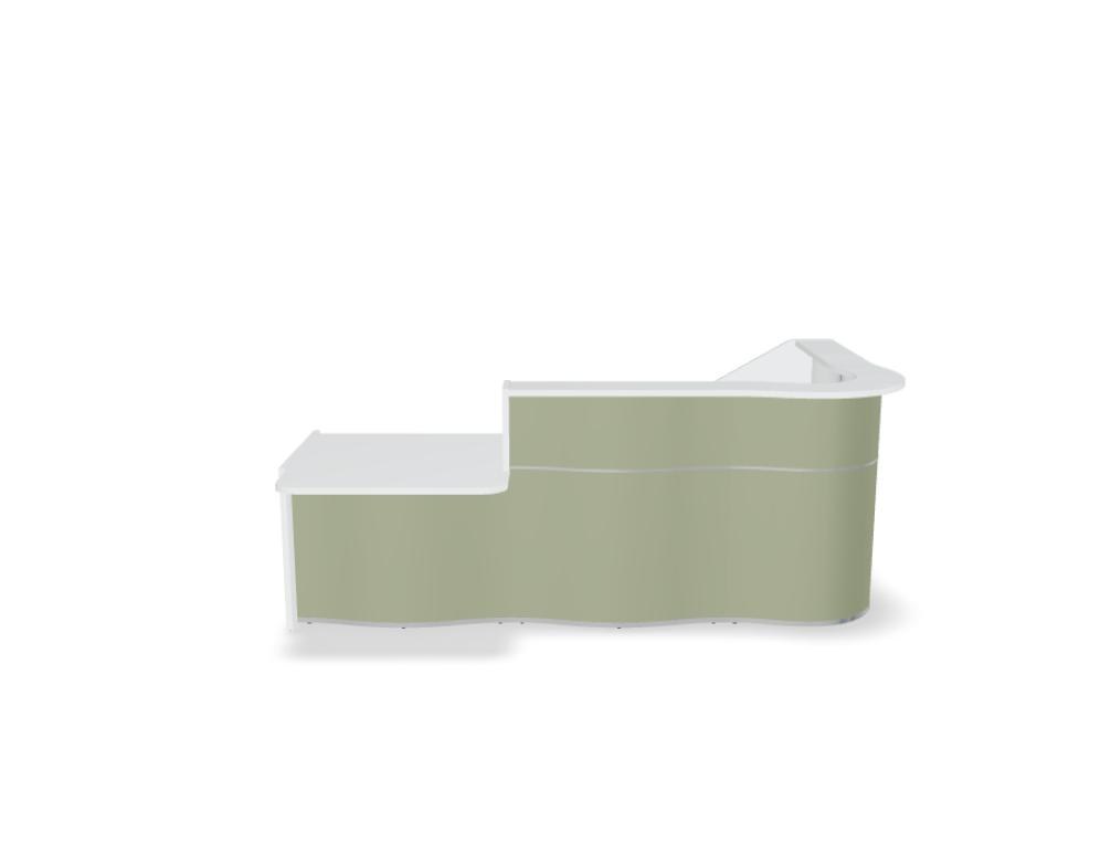 Empfangstheke Wave von Mdd in Weiss Pastell mit organischer HPL-Front, Aluminiumstreifen und modularer Wellenform-Konstruktion.