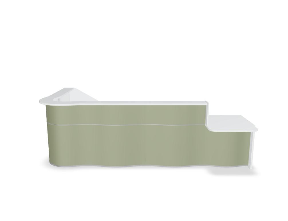 Empfangstheke Wave von Mdd in Weiss Pastell mit organischer HPL-Front, Aluminiumstreifen und modularer Wellenform-Konstruktion.
