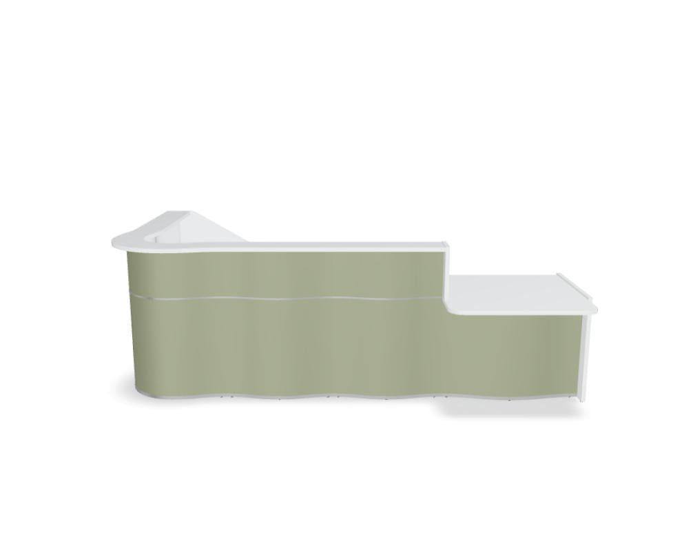 Empfangstheke Wave LUV47P mit organischer Front, modernes Desk-Design für den Eingangsbereich, elegante Weiß- und Holztöne, hochwertig verarbeitet