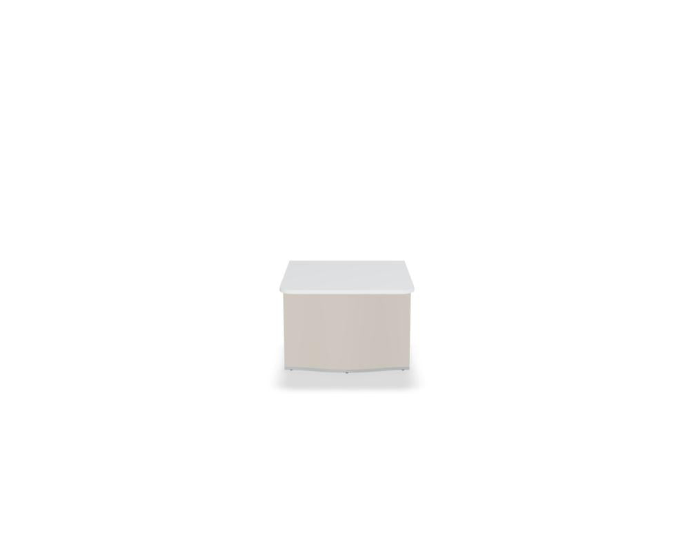 Empfangstheke Wave von Mdd in Weiss Pastell mit organischer HPL-Front, Aluminiumstreifen und modularer Wellenform-Konstruktion.