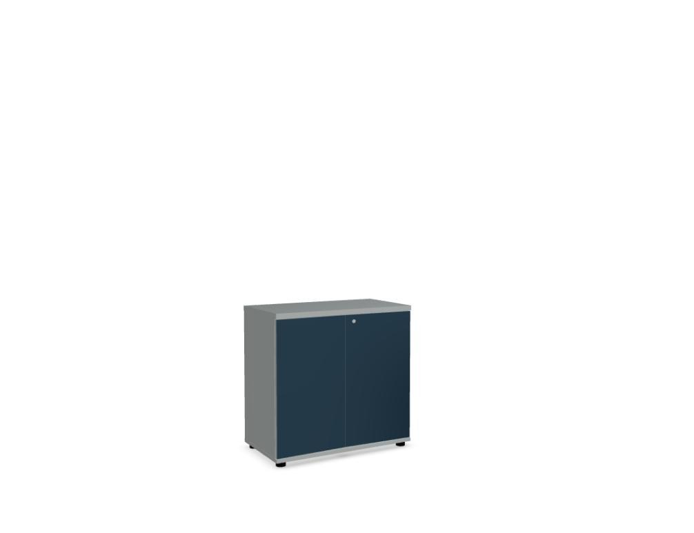 Büroschrank Color von Mdd mit Front aus farbigem HPL, Push-to-Open-System und Oberplatte in Aluminium Satinato, Melaminplatte.