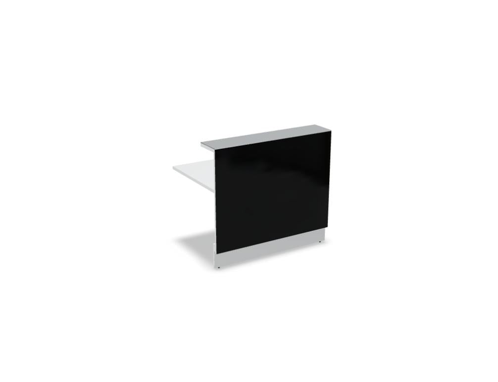 Empfangstheke Linea von Mdd mit silberner Glasfront, gebürstetem Aluminiumsockel und Edelstahl-Eckleiste, LED-Beleuchtung entlang der Theke.