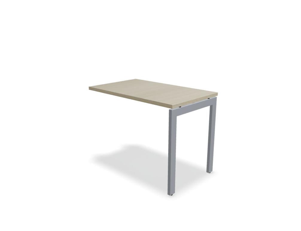Ansatztisch für Schreibtische von Mdd mit Melamin-Tischplatte in Akazie und pulverbeschichtetem Metallgestell in Aluminium Halbmatt.