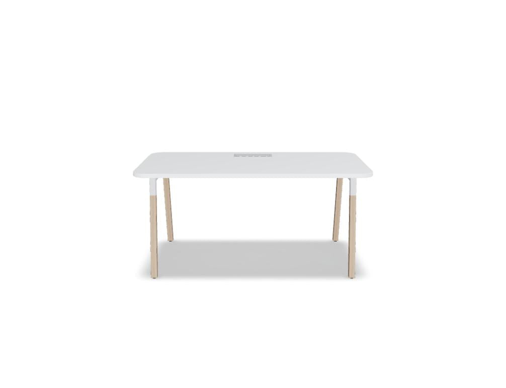 Schreibtisch Ogi W BOWZ04 von Mdd in modernem Holz-Design, kompakte Arbeitsfläche, klare Linien, stilvolle Kombi aus heller Holzfarbe und dunkler Metallkante