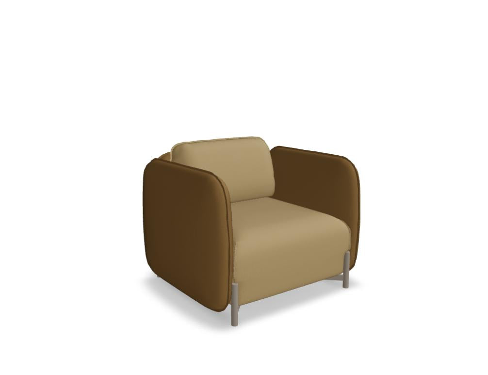 Dunkelbeiger Sessel Linka von Mdd mit gepolsterter Sitzfläche, beweglichem Rückenkissen und pulverbeschichtetem Stahlgestell in rechteckiger Form.