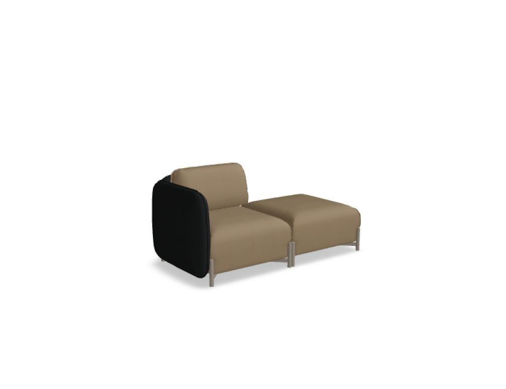 Modulares Sofa Linka von Mdd in Dunkelbeige mit Rückenkissen, Holzgestell und pulverbeschichteten Stahlseiten, gepolsterte Sitzfläche sichtbar.