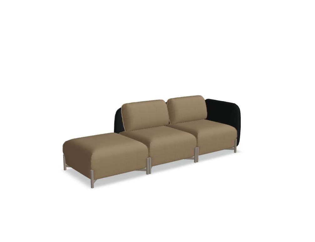Modulares Sofa Linka von Mdd in Dunkelbeige mit Rückenkissen, Holzgestell und pulverbeschichteten Stahlseiten, gepolsterte Sitzfläche sichtbar.