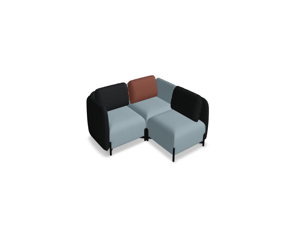 Modulares Sofa Linka von Mdd in Dunkelbeige mit Rückenkissen, Holzgestell und pulverbeschichteten Stahlseiten, gepolsterte Sitzfläche sichtbar.