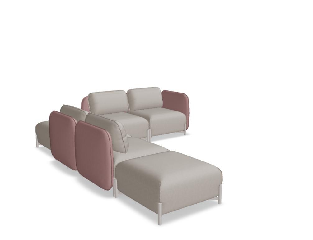 Modulares Sofa Linka von Mdd in Dunkelbeige mit Rückenkissen, Holzgestell und pulverbeschichteten Stahlseiten, gepolsterte Sitzfläche sichtbar.