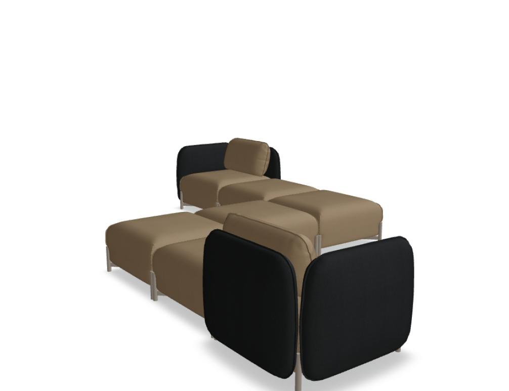Modulares Sofa Linka von Mdd in Dunkelbeige mit Rückenkissen, Holzgestell und pulverbeschichteten Stahlseiten, gepolsterte Sitzfläche sichtbar.