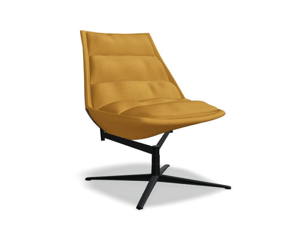 Ziegelroter Loungesessel mit gepolstertem Sitz, drapiertem Kissen und Aluminium-Drehfuss auf vier Sternbeinen, Frontalansicht.