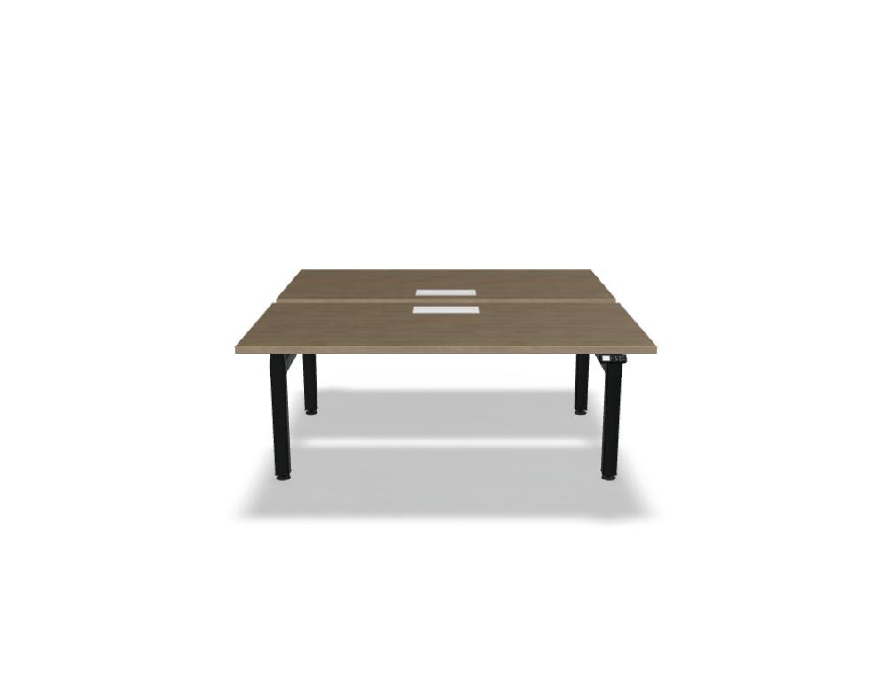 Doppelschreibtisch Ogi Drive Bench in Honigeiche mit schwarzem Metallgestell, zwei Teleskopsäulen und Bedienfeldern für Höhenverstellung.