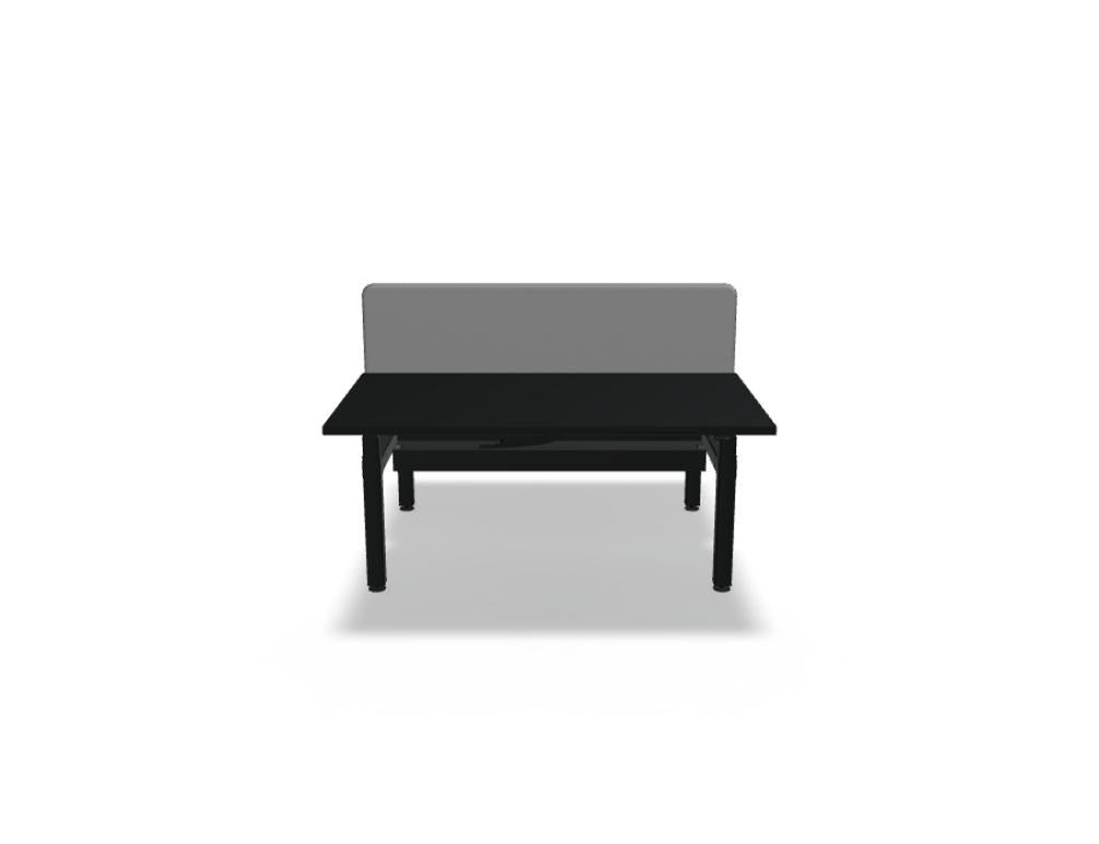 Doppelschreibtisch Ogi Drive Bench von Mdd in Honigeiche mit schwarzem Metallgestell und zweimotorigem Hubmechanismus.