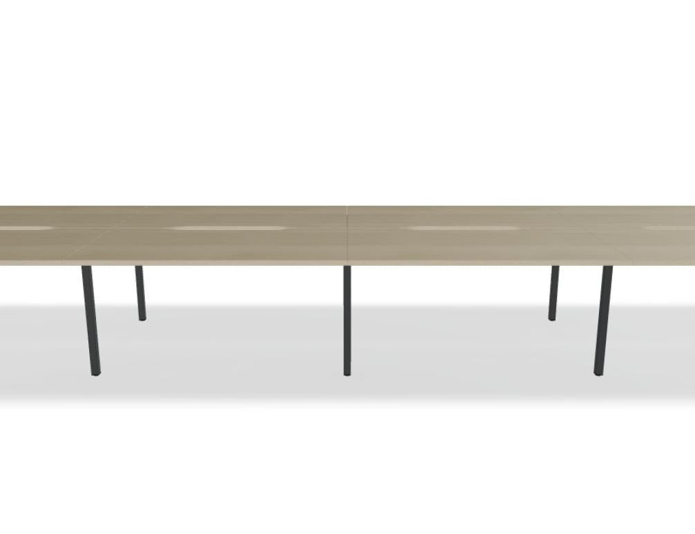 Doppelschreibtisch Ogi U Bench von Mdd mit Melaminplatte in Honigeiche und schwarzem Metallgestell, für zwei Arbeitsplätze.