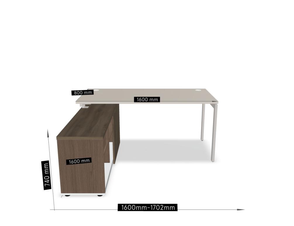 Schreibtisch Ogi U mit Managerschrank in Honigeiche, Gestell schwarz halbmatt, Melaminplatte mit ABS-Umleimer, Metallrahmen.