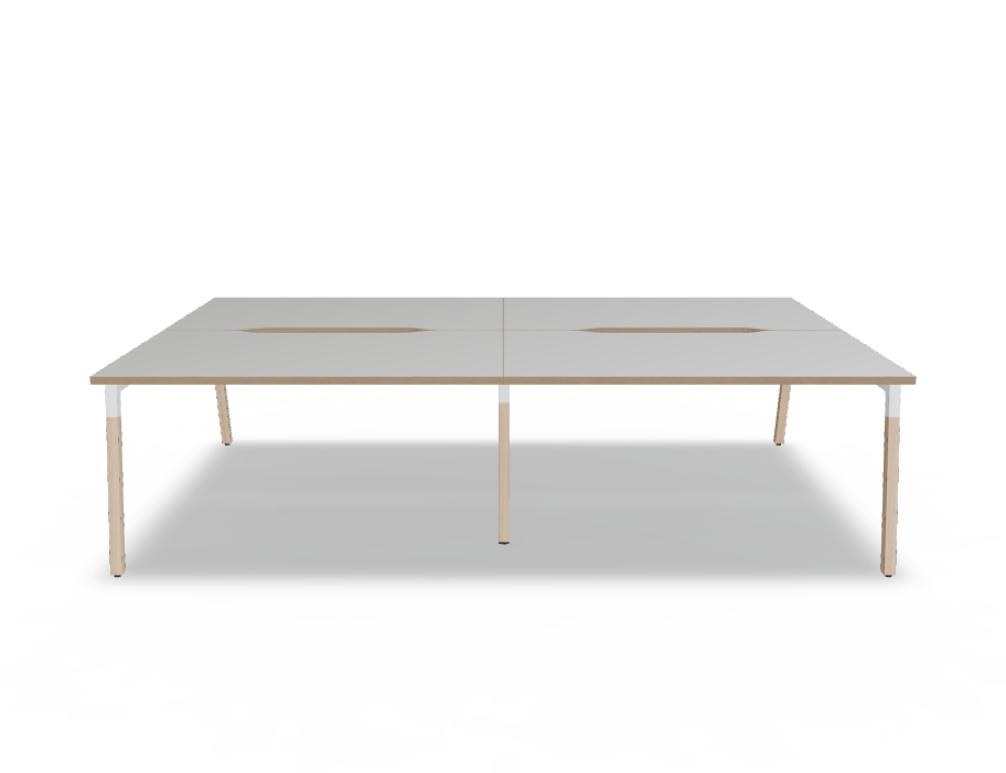 Doppelschreibtisch Ogi W Bench mit Platte in Honigeiche, Gestell aus Eschenholz und schwarzem Metallrahmen, für zwei Arbeitsplätze.