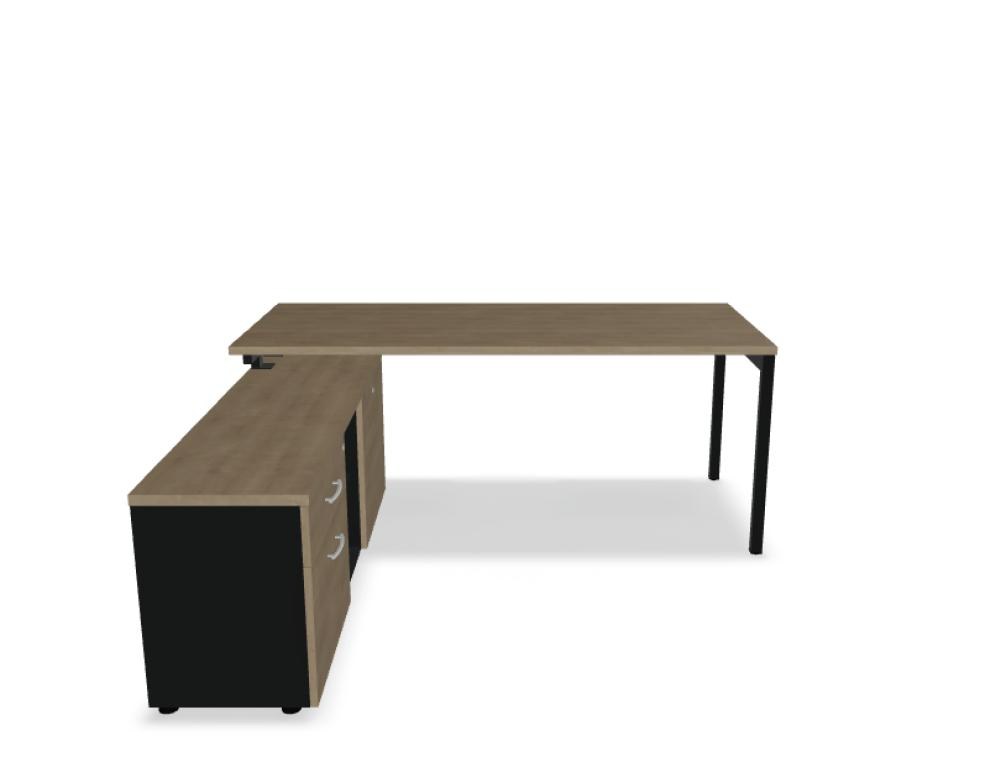 Schreibtisch Ogi Y mit Managerschrank in Honigeiche, Metallgestell schwarz halbmatt, Melaminplatte mit ABS-Umleimer, Massangaben 160x160x74 cm.
