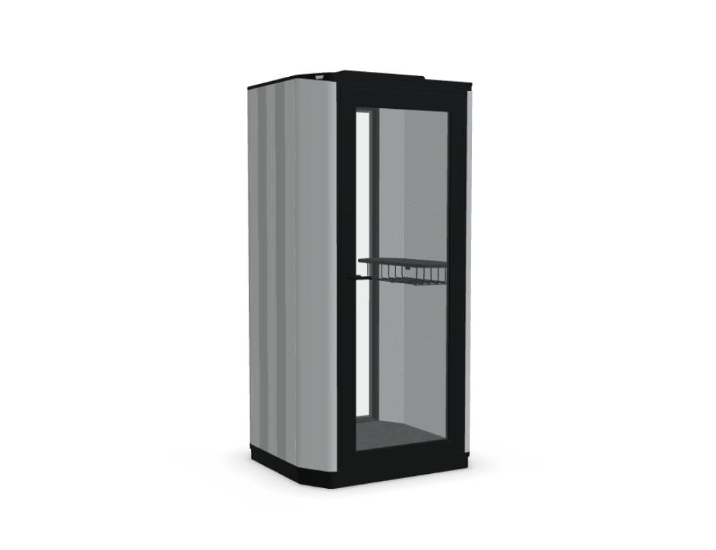 Ein-Personen-Akustikkabine Coda mit Glastür, Metall-Aussenwand in Dunkelgrün, gepolsterten Innenwänden und Deckenbeleuchtung.