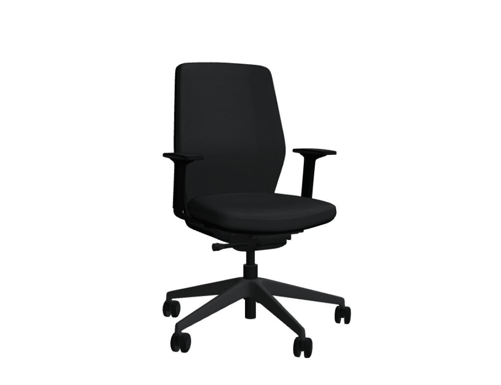 Evo EV02 Bürostuhl mit gepolsterter Rückenlehne, schwarzer Stoffbezug, leichter Kontur-Sitz, robuste Armlehnen und schlankem Radkasten, ideal für langes Arbeiten