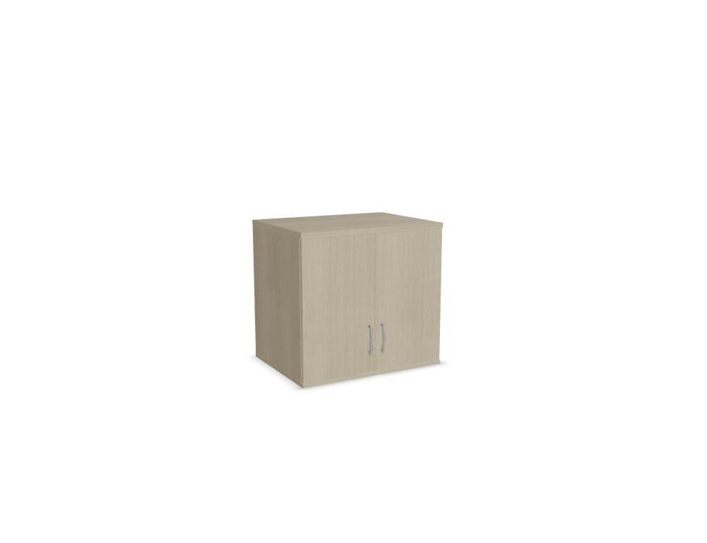 Aufsatzschrank mit Flügeltüren, Front in Eiche Natur, Korpus Weiss Pastell, Melaminplatte, für Büromöbel-Aufbau geeignet.