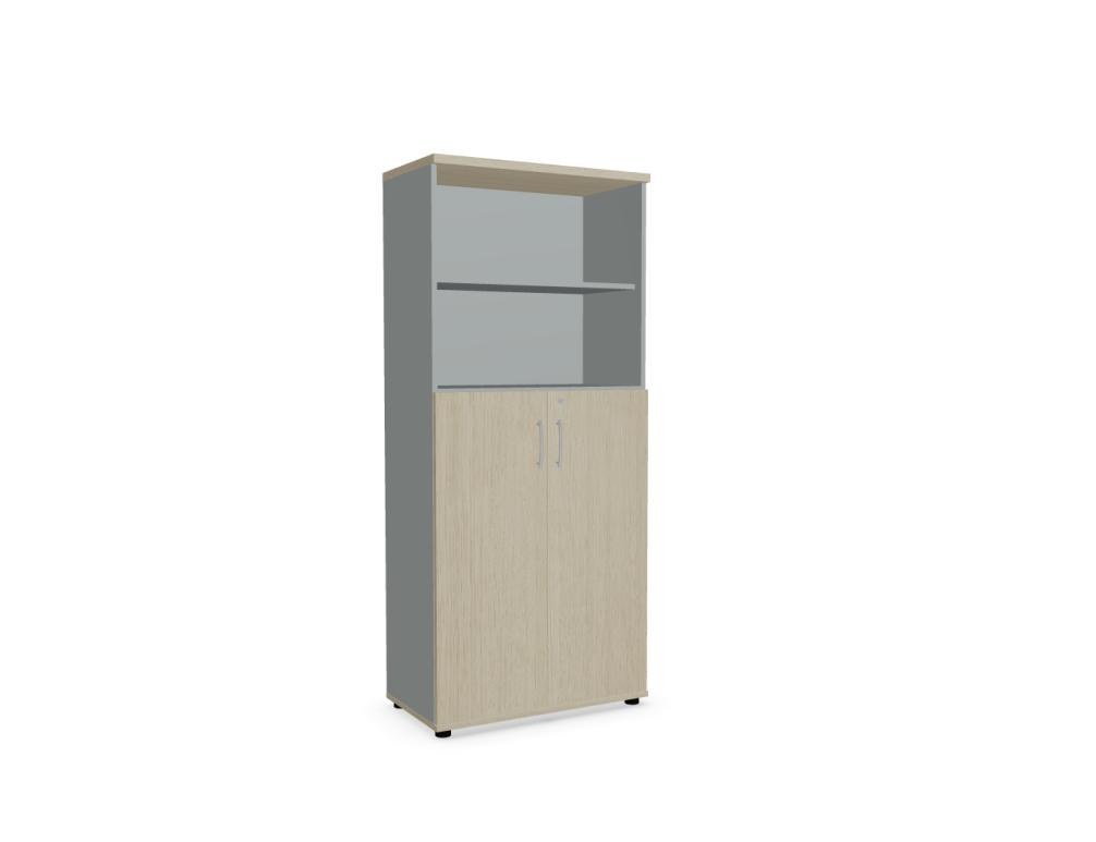Halbregal von Mdd in Eiche Natur mit weisser Korpusfarbe, Melamin-Oberflächen, Fachböden und Tür mit Aluminiumgriff.