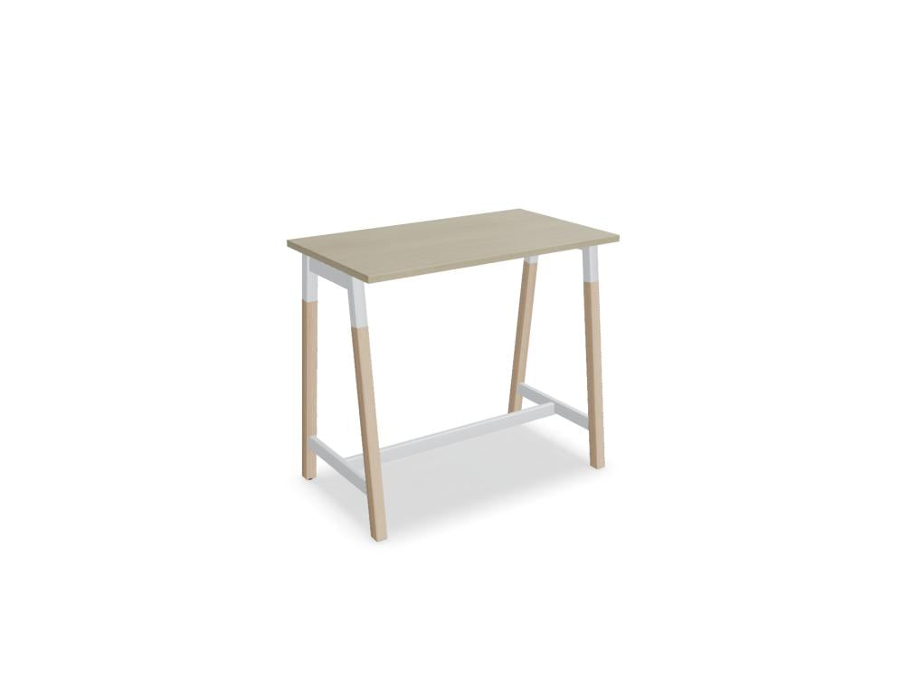 Darbietung eines modernen Stehtischs Ogi W PSD72 von Mdd in neutralem Layout, Holzstruktur-Plattform, schlanke Metallstütze, ideal für Büro- und Event-Bereich