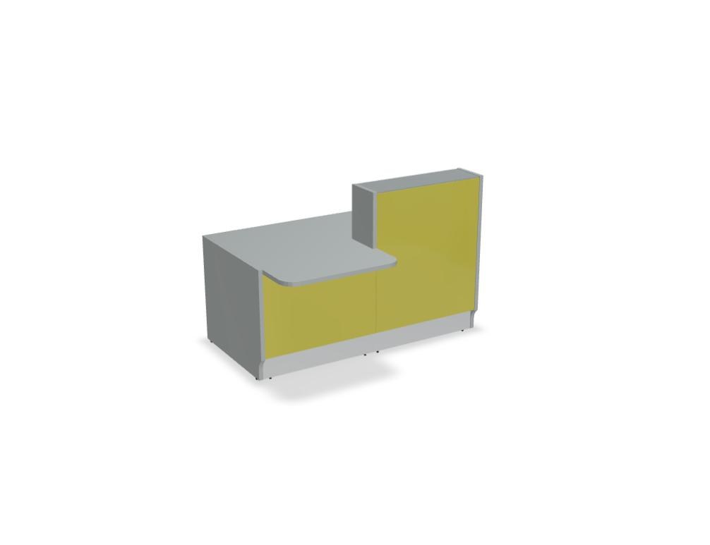 Weisse modulare Empfangstheke Linea von Mdd mit Glasfront, LED-Beleuchtung, Aluminiumsockel und Edelstahl-Eckleiste im Büro.