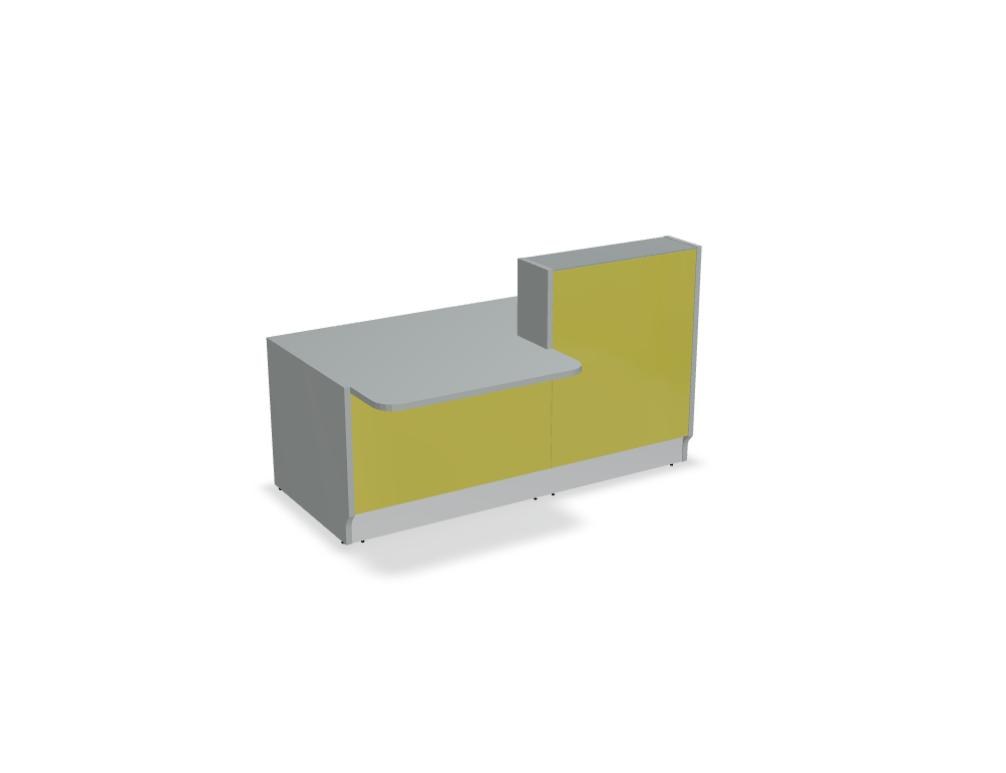 Weisse modulare Empfangstheke Linea von Mdd mit Glasfront, LED-Beleuchtung, Aluminiumsockel und Edelstahl-Eckleiste im Büro.