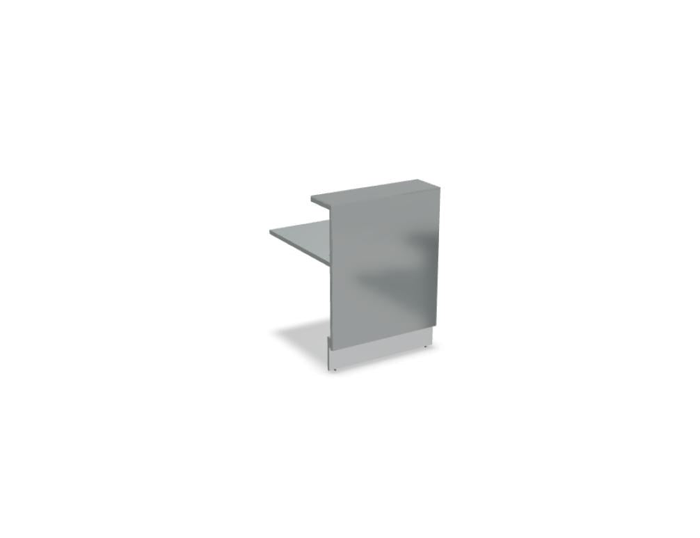 Weisse modulare Empfangstheke Linea von Mdd mit Glasfront, LED-Beleuchtung, Aluminiumsockel und Edelstahl-Eckleiste im Büro.