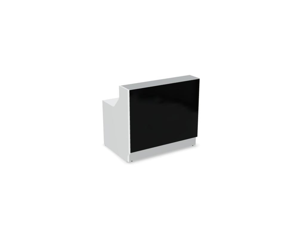 Weisse modulare Empfangstheke Linea von Mdd mit Glasfront, LED-Beleuchtung, Aluminiumsockel und Edelstahl-Eckleiste im Büro.