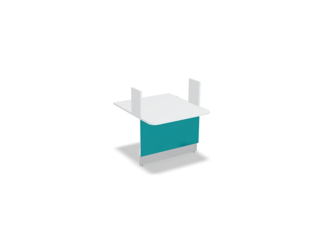 Weisse modulare Empfangstheke Linea von Mdd mit Glasfront, LED-Beleuchtung, Aluminiumsockel und Edelstahl-Eckleiste im Büro.