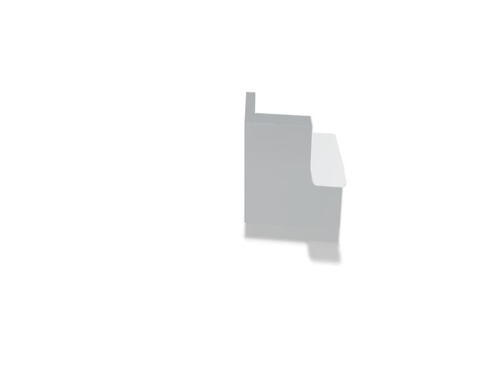 Weisse modulare Empfangstheke Linea von Mdd mit Glasfront, LED-Beleuchtung, Aluminiumsockel und Edelstahl-Eckleiste im Büro.