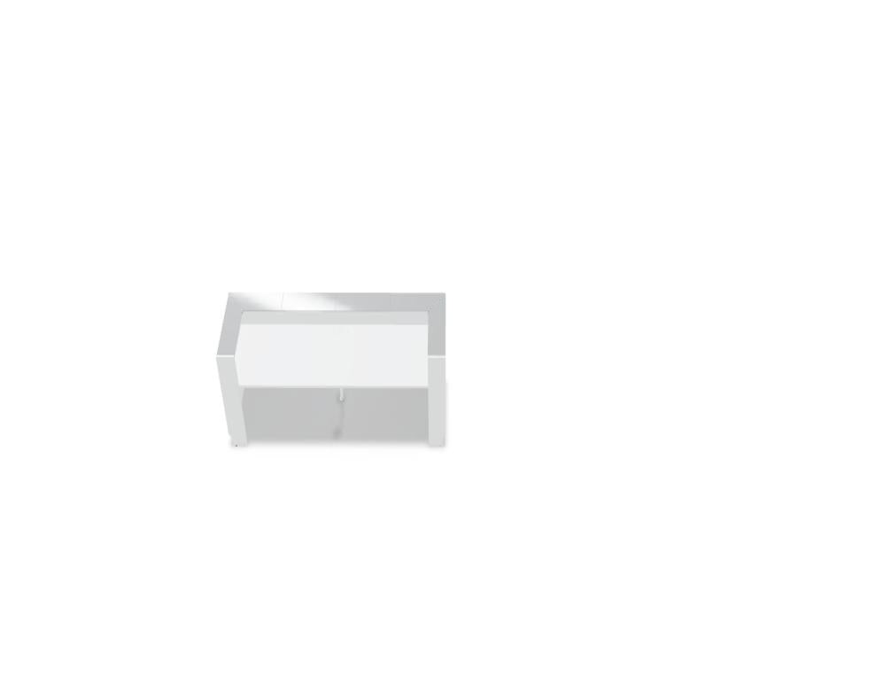 Weisse modulare Empfangstheke Linea von Mdd mit Glasfront, LED-Beleuchtung, Aluminiumsockel und Edelstahl-Eckleiste im Büro.