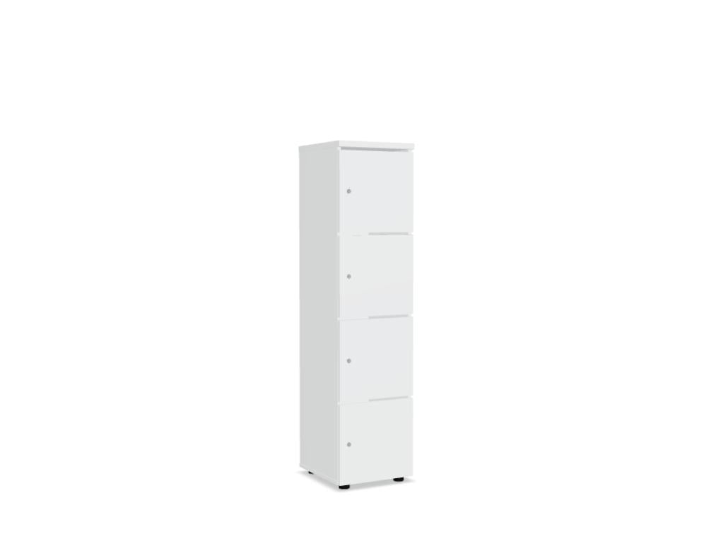 Bild zeigt einen modularen Büroschrank Locker Standard LOK04 von Mdd: heller Hochglanz-Schrank mit offener Ablage, drei modulare Fächer und Griffleisten, geeignet für effiziente Büroorganisation.