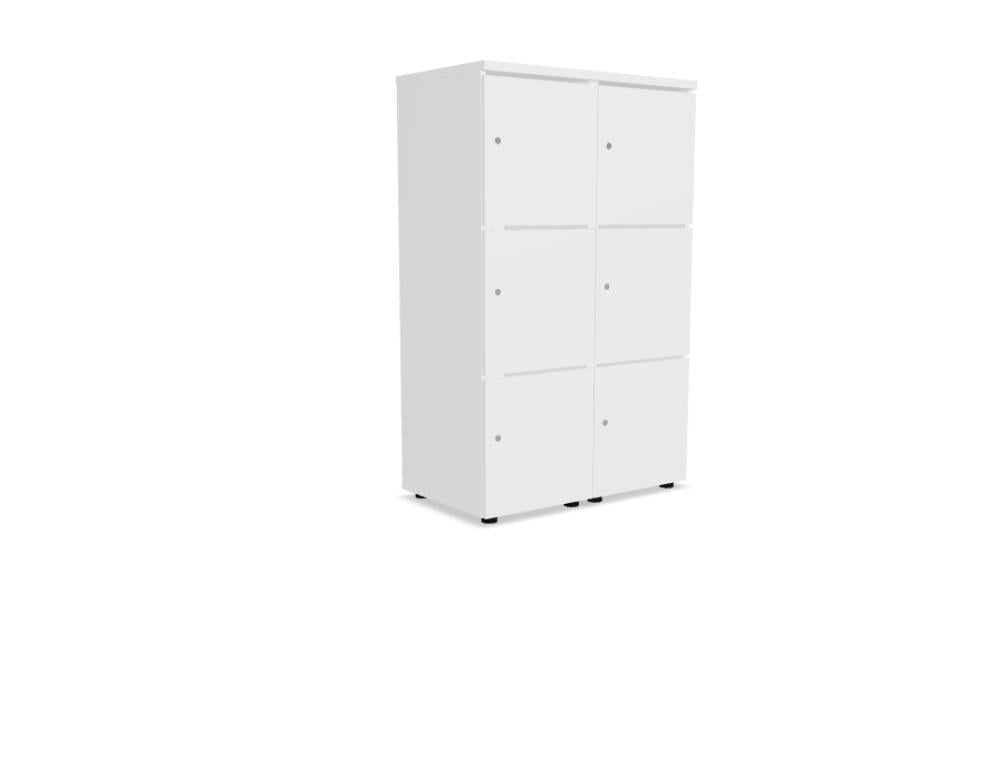 Weiss-pastellfarbener Spind Locker Standard von Mdd mit roter Melaminfront, Patentschloss und Einwurfschlitz, aus Melaminplatte mit ABS-Umleimer.