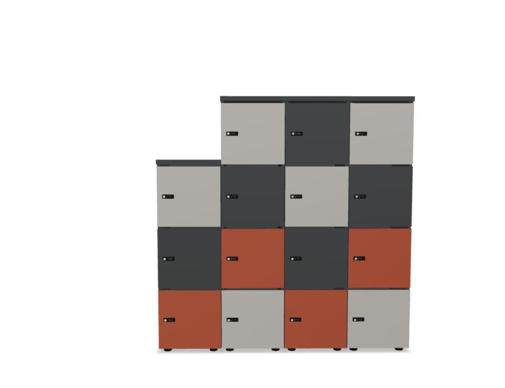 Weisser Schliessfachschrank mit roter Front, mehreren Fächern, Melaminplatte, Patentschloss und Standfüssen, Modell Locker Standard.