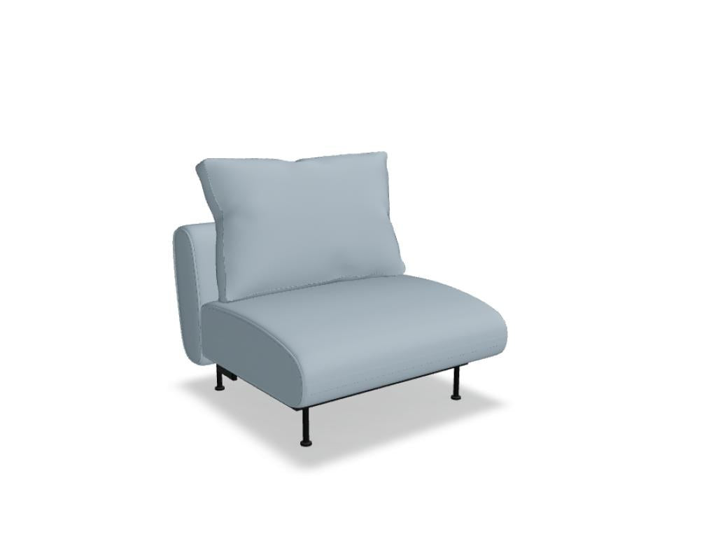 Sessel Lotus von Mdd in Himmelblau mit gepolsterter Rückenlehne, Sitzfläche mit Federkern und schwarzen Metallfüssen ohne Armlehnen.